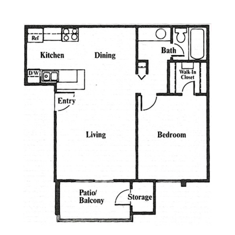 A floor plan of a house with a living room, dining room, kitchen, bedroom, bathroom, storage, and a patio/balcony.